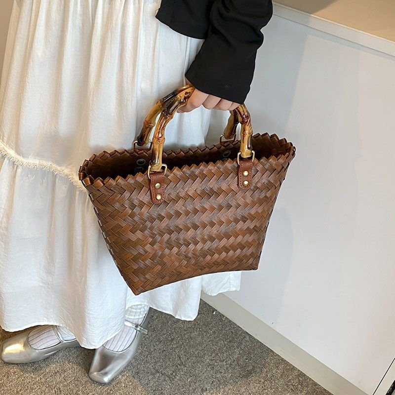 Nuova borsa a mano in rattan con manico in paglia, borsa tote in bambù fatta a mano da donna, regalo_voghion.com