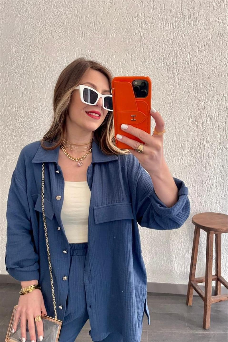 Γυναικεία Ρούχα Plus Size Διπλή στρώση Crepe Loose Μεγάλο Πέτο Μακρυμάνικο Πουκάμισο Casual_voghion.com