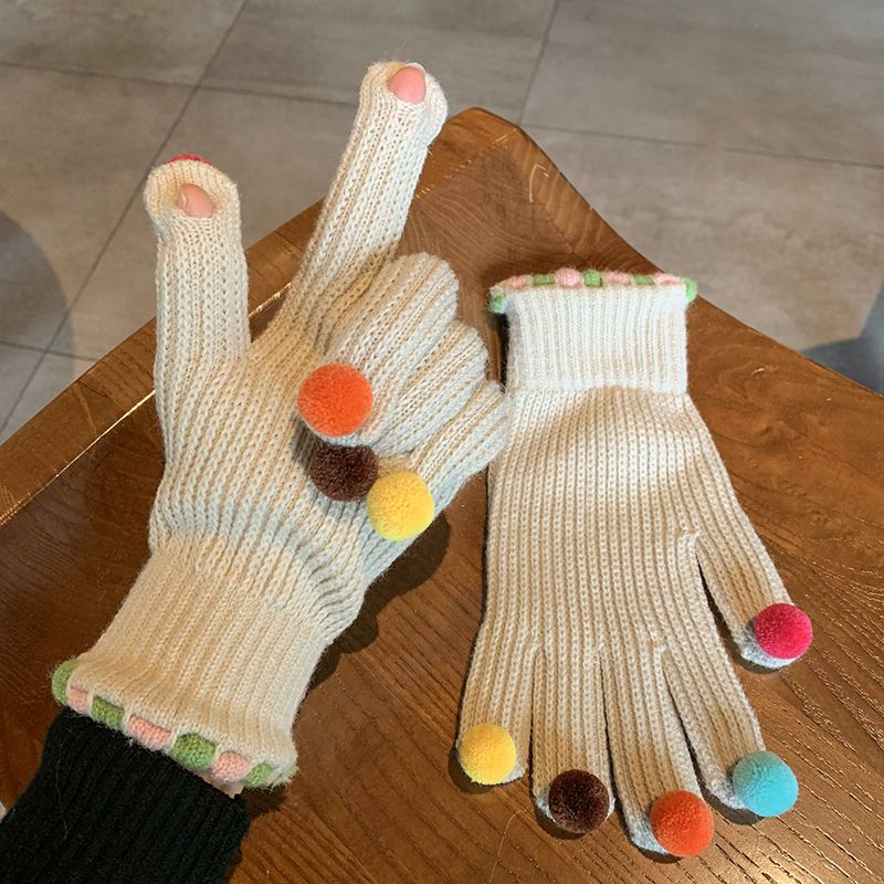 Gants de cyclisme chauds à cinq doigts, sans doigts, tactiles, en laine colorée tricotée pour femmes, pour l'hiver. Jolis petits pompons et gants tactiles à pelote basse._voghion.com