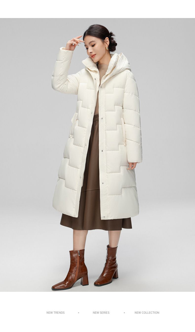 Longline Belted Puffer Coat For Women – Slim-Fit Winter Jacket With Hood, Polyester Shell & Waist-Defining Design (Khaki/Cream/Black/Brown)_voghion.com