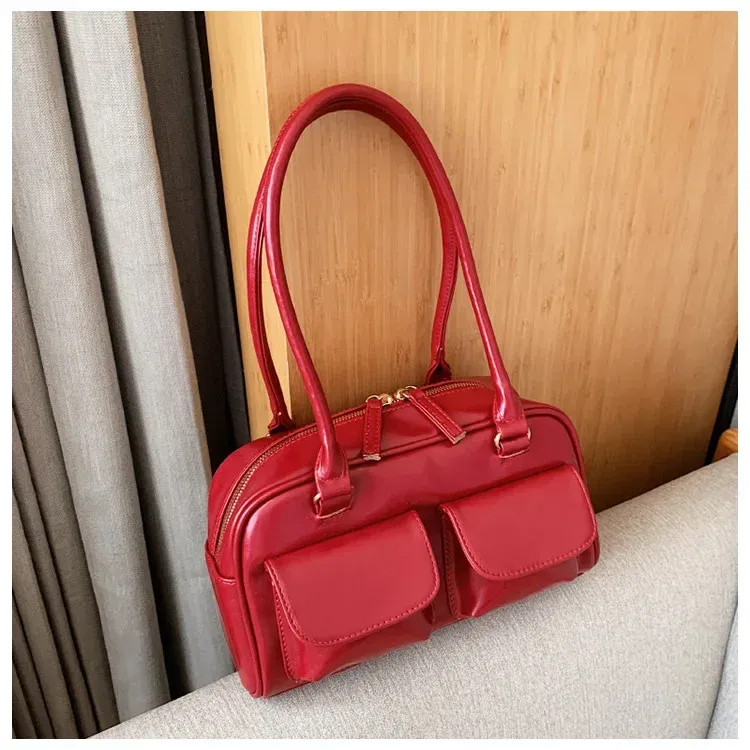 Borsa a tracolla da donna rossa retrò, in pelle verniciata, multitasche, da donna, a tracolla, sottobraccio, tote bag_voghion.com