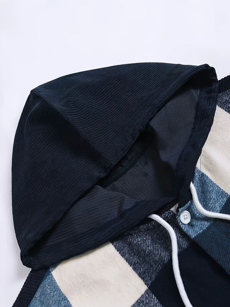 Men's Long Sleeve Casual Shirt With Hood & Pocket, Plaid Pattern, Thickened Cotton Blend, Relaxed Fit For Winter & Spring_voghion.com