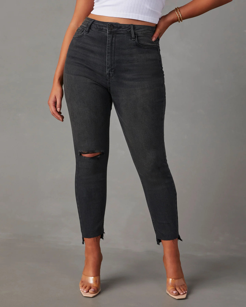 La ropa de mujer apenó los pantalones vaqueros para las mujeres estira los pantalones pitillo de cintura alta lavados los pantalones vaqueros rasgados_voghion.com