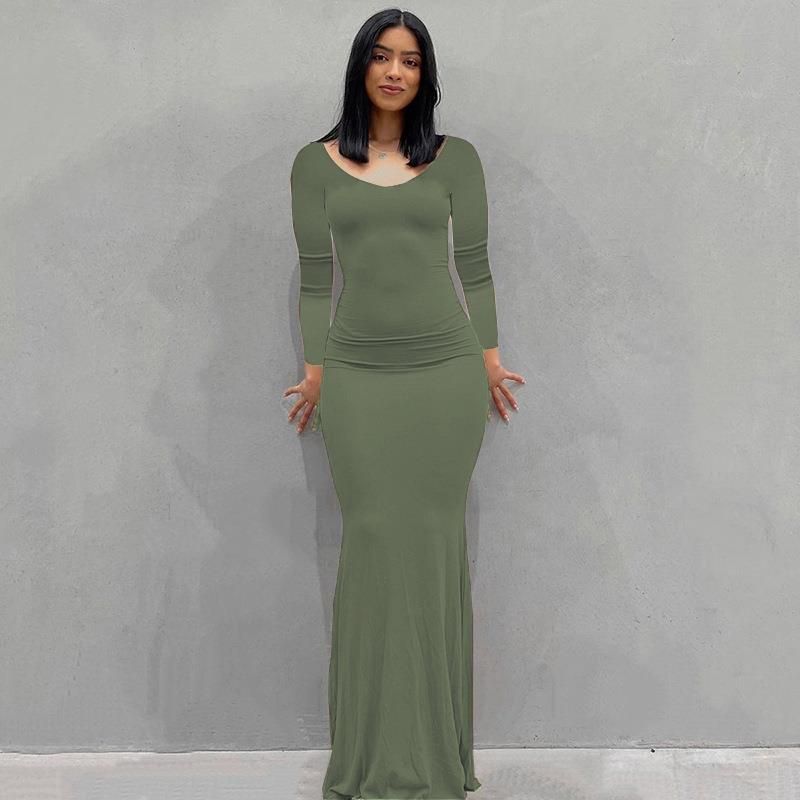 Damenbekleidung Langes Kleid Lässiges, schmales, langärmliges Heimkleid_voghion.com
