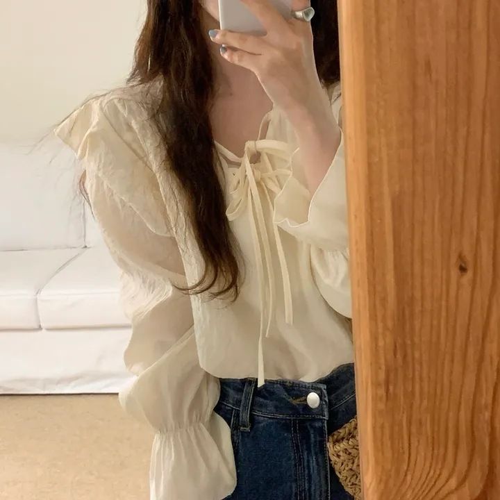 Korean Chic 2024 Spring/Summer New Style Loose Fungal Edge Strap Gentle and Sweet Temperament Purple Top Shirt_voghion.com