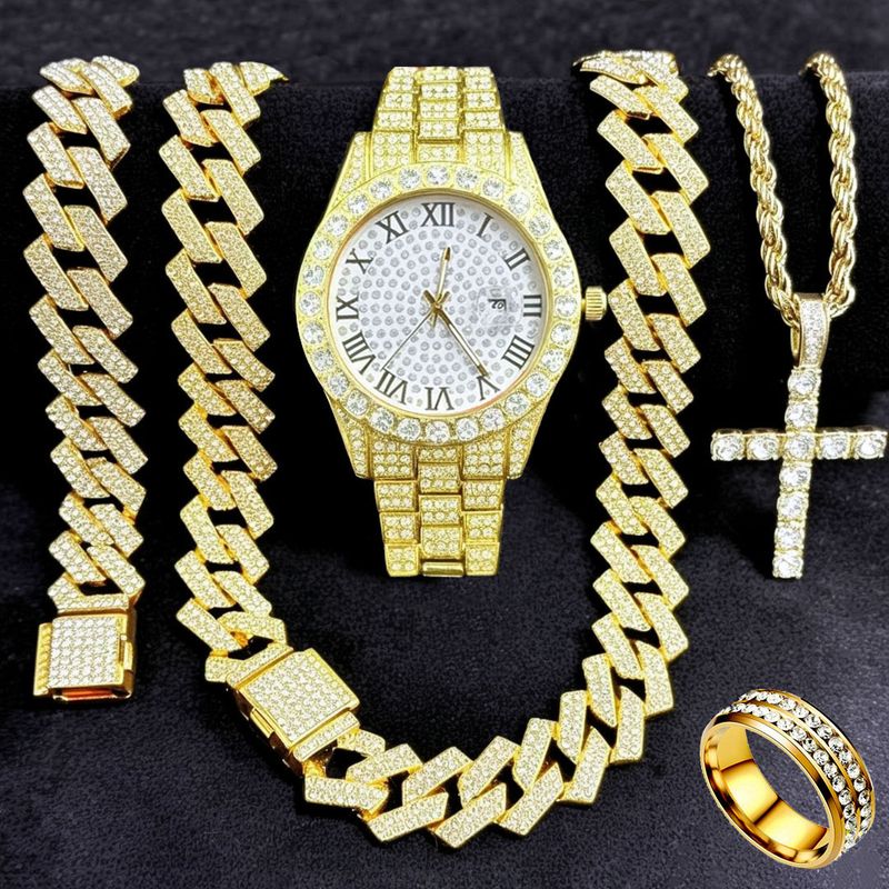 FENSIR Orologio al quarzo con diamanti e set di gioielli con catena a maglie cubane e ciondolo a croce - Accessori moda da 5 pezzi per uomo e donna_voghion.com