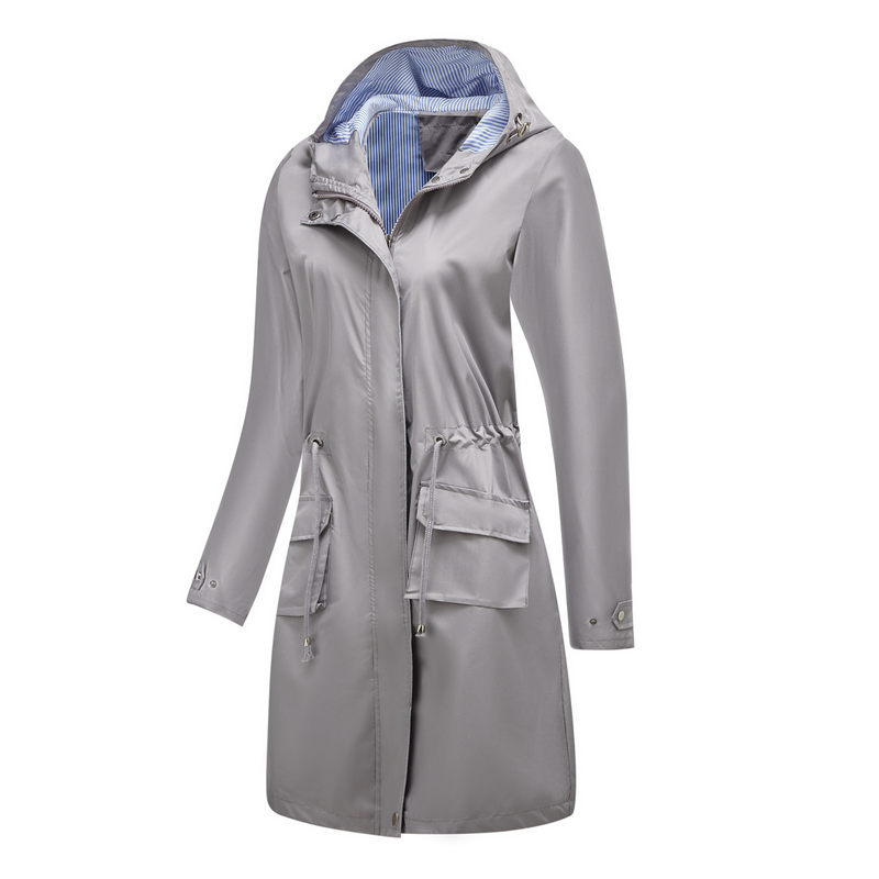 Trench casual da donna K Long con cappuccio, impermeabile, tinta unita con fodera a righe, cappotto dritto._voghion.com