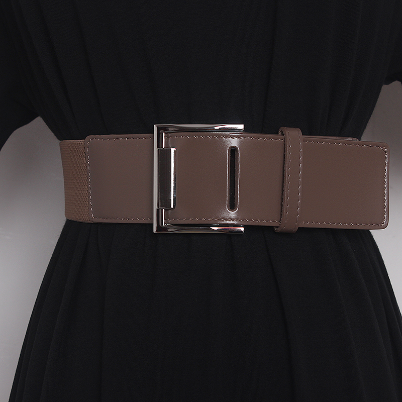 Ceinture large élastique avec couture en cuir de vache, boucle ardillon carrée, avec robe et chemise, ceinture à la mode et polyvalente, nouvelle collection_voghion.com