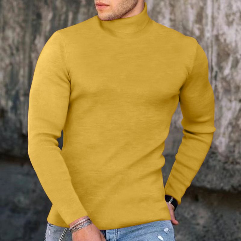 Camisa de punto con cuello alto y manga larga para hombre, color liso, para primavera, otoño e invierno, con parte inferior elástica._voghion.com
