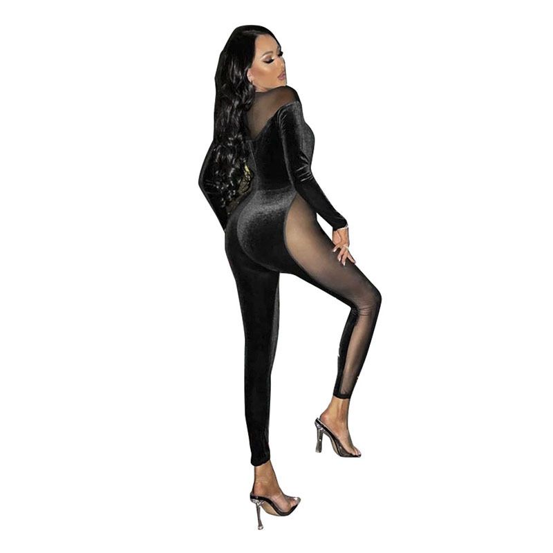 Women's long sleeve mesh stitching see-through jumpsuit_voghion.com