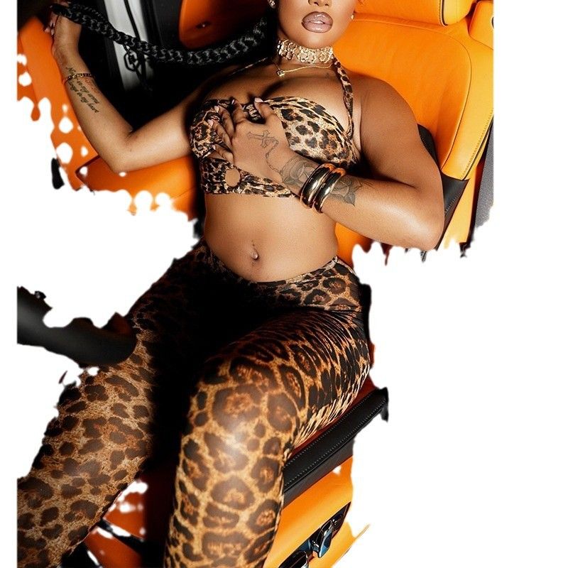 Trendy Ins Style Women's Fashion Leopard Print Sexy Strapless Backless Camisole Long Pants Two-Piece Set_voghion.com