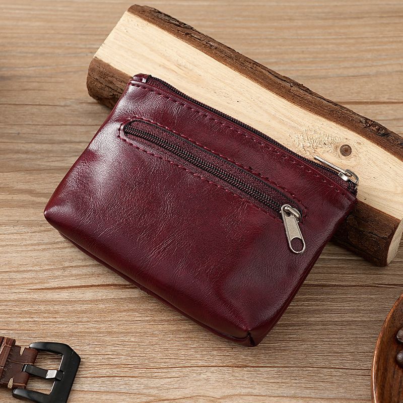 Handgefertigte kleine Geldbörse aus echtem weichem Leder, Business-Rindsleder-Gefühl, einfacher Reißverschluss, Führerschein, Buskarte, Schlüsselhalter_voghion.com