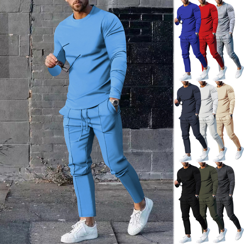 Herren-Sets Frühling und Herbst Lockerer Rundhalsausschnitt Langarm T-Shirt Hose Zweiteilige lässige Herren-Sportbekleidung_voghion.com