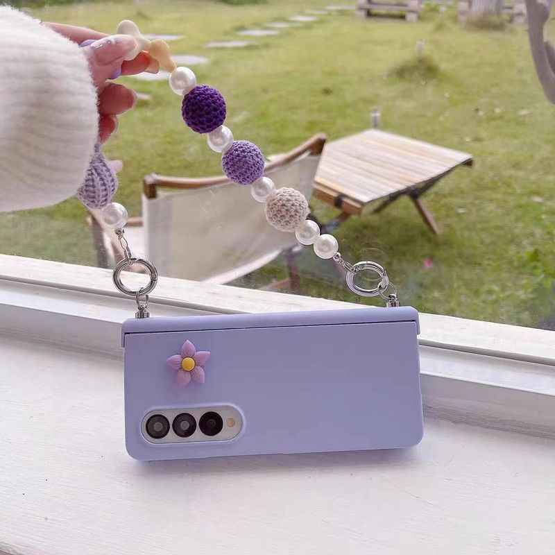 For Samsung Galaxy Z Fold 6 Korea Cute Knitted Flower Wrist Bracelet Shockproof Pearl Chain Phone Case Cover_voghion.com