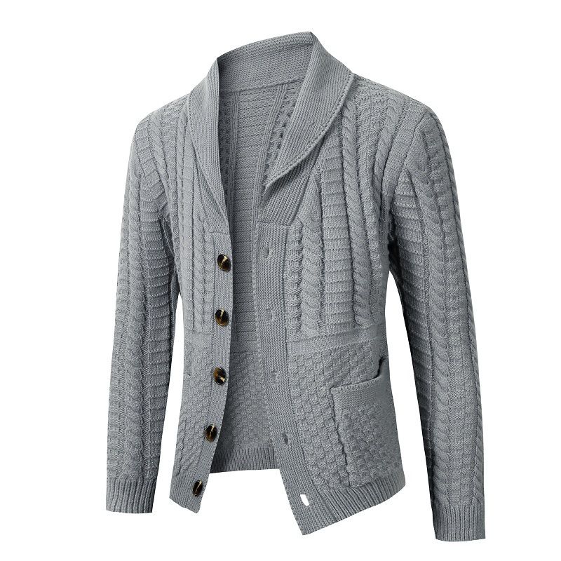 Herren-Strickjacke mit gedrehtem Strickmuster und Revers, einfarbiger Freizeitpullover für Herren, schmal geschnittener Langarmpullover, warme Winterjacke mit offener Vorderseite_voghion.com