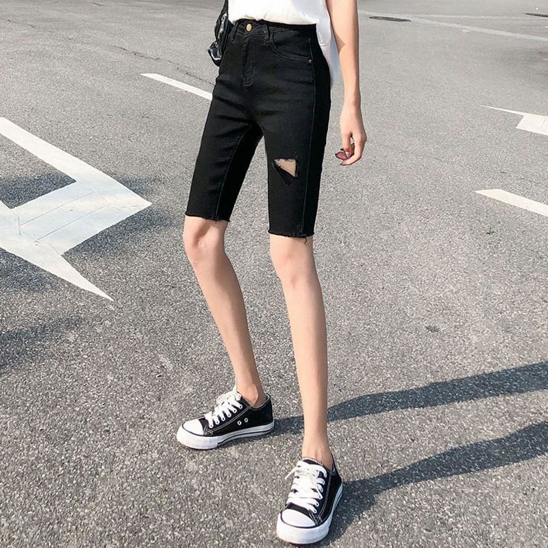 Xia 2024 Nuovi pantaloncini in denim sottile da donna a vita alta neri snellenti elastici attillati 5/4 pantaloni da ciclista_voghion.com