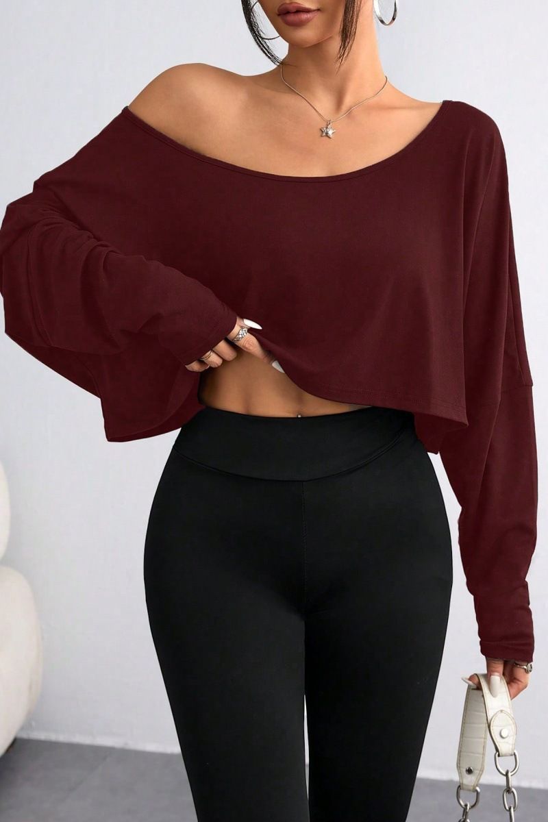 T-shirt à manches longues et col ample pour femme, style décontracté, avec nombril exposé_voghion.com