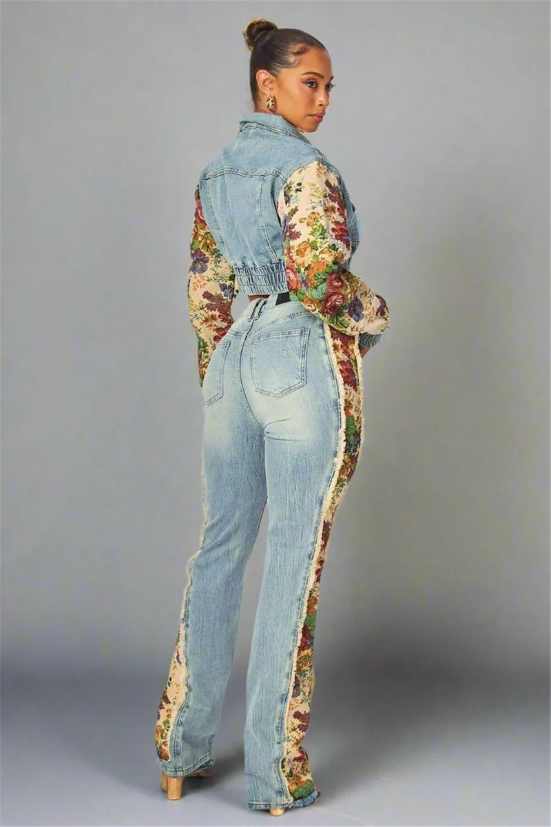 Moda feminina roupas estampadas cor combinando jaqueta jeans jeans terno de duas peças_voghion.com