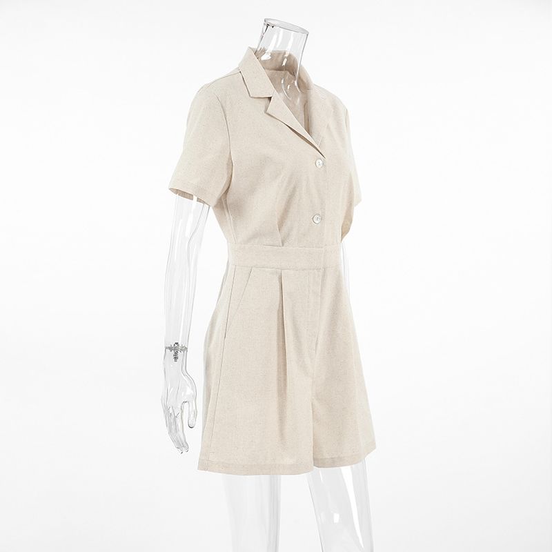 Khaki Linen Waist-cinching Wide-leg Jumpsuit For Women, Commuting Professional Short-sleeve Jumpsuit, Autumn Women's_voghion.com