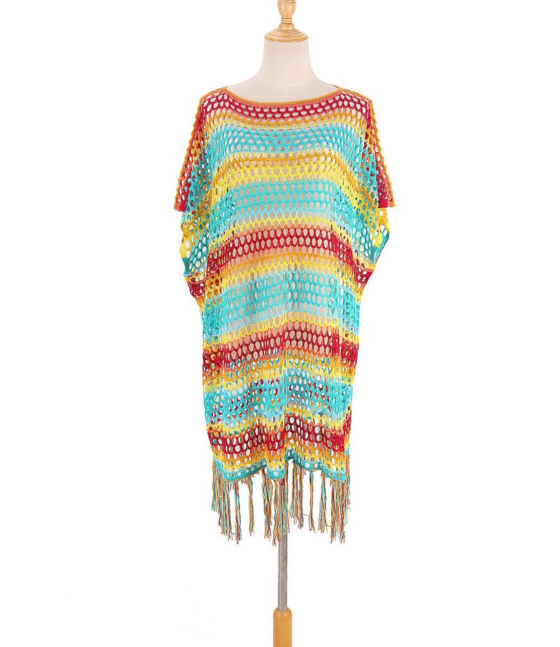 Women's Crochet Fringe Beach Cover Up Short Kimono Bikini Wrap Swimwear Sheer Summer Vacation Boho Chic_voghion.com