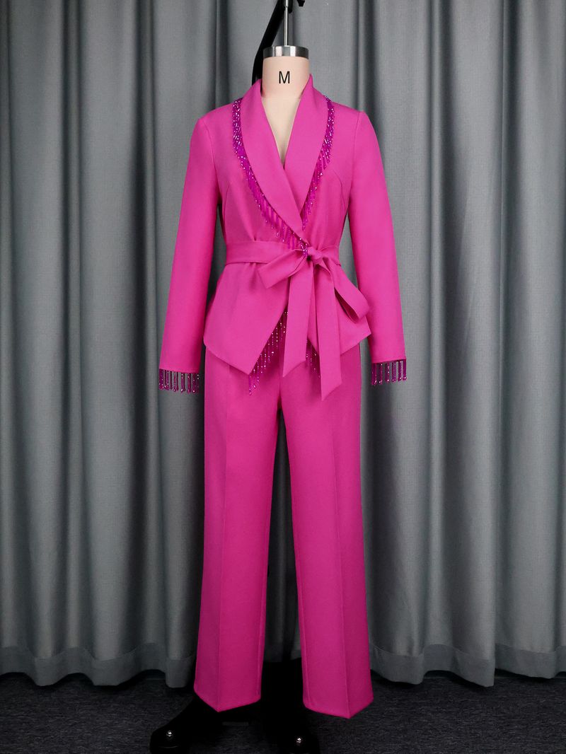 Costume élégant à manches longues et col en V pour femme, avec ceinture nouée et perles, composé d'un blazer à col en V et d'un pantalon droit taille haute._voghion.com