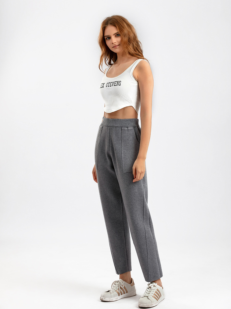 Dames gebreide Haren broek met hoge taille, losse en dunne radijsbroek Koreaanse versie van casual negenpuntsbroek_voghion.com