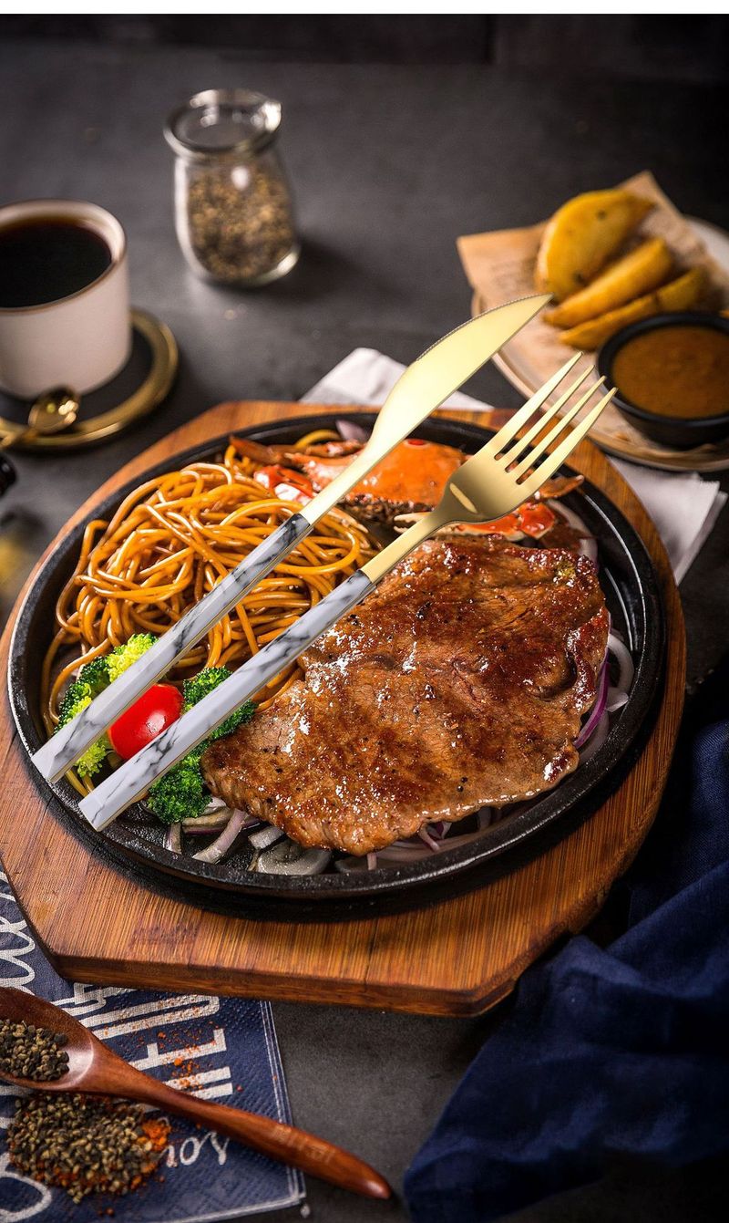 Set di posate in acciaio inox 430 - Set da pranzo con coltello, forchetta, cucchiaio e manico in legno e pietra (collezione di stoviglie moderne)_voghion.com