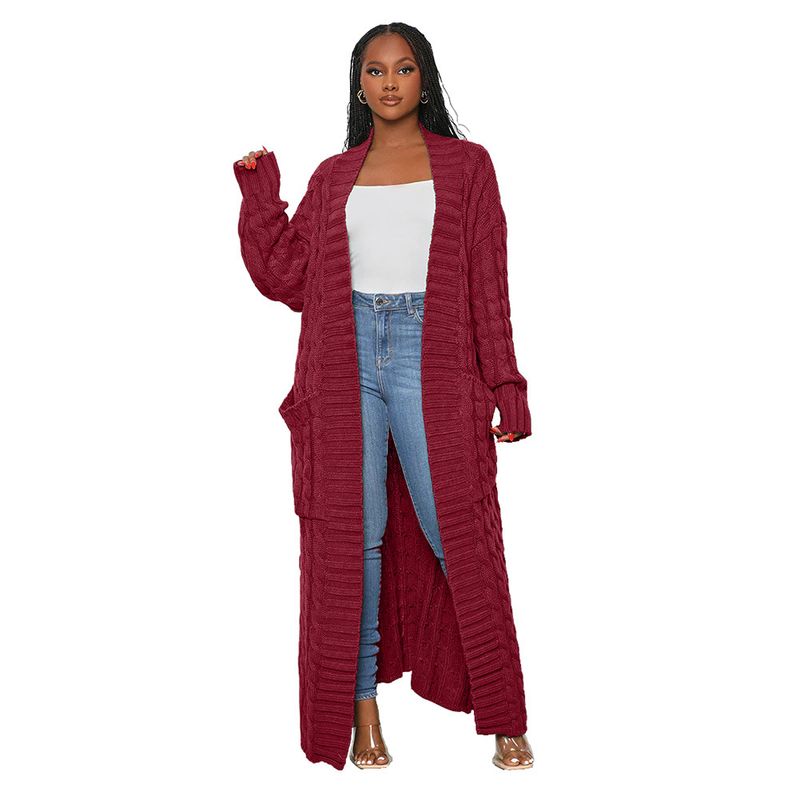 Damenbekleidung Locker gestrickte Strickjacke, gemütliche, übergroße Strickjacke mit Taschen, langer Zopfmuster-Pullovermantel, lockerer Boho-Chic, offene Vorderseite_voghion.com