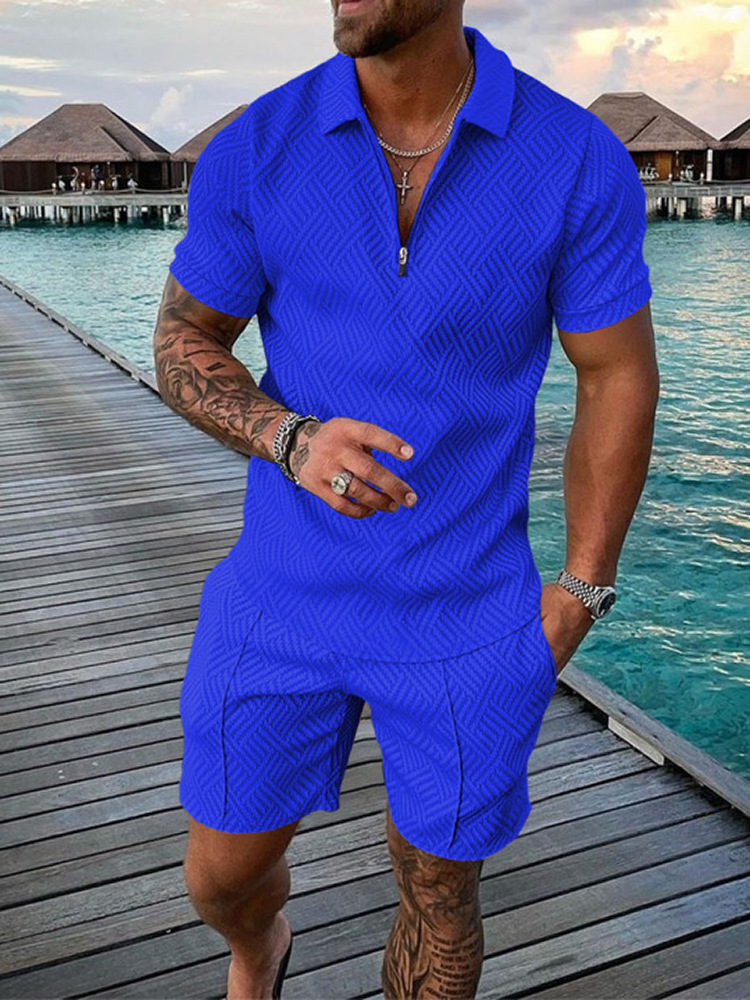 Conjunto deportivo de verano para hombre, con estampado 3D de lunares blancos y negros, camiseta polo con cremallera y pantalones cortos, 2 piezas_voghion.com