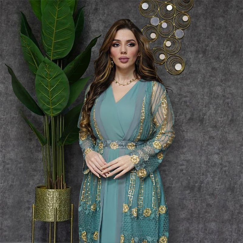 New Muslim Embroidered Mesh Jacket With Chiffon Vest Skirt Suit Kaftan Dress_voghion.com
