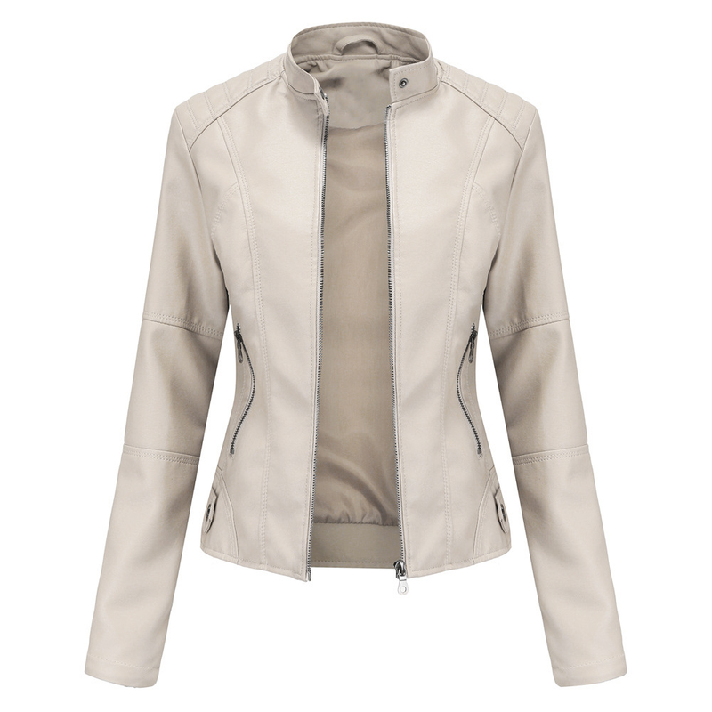 European Women's Slim Fit Thin Spring Autumn Coat Ladies Motorcycle Plus Size Stand Collar Leather Jacket_voghion.com
