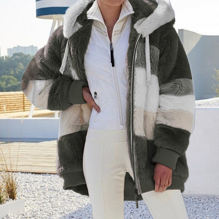 Autumn and winter warm plush patchwork zipper pocket hooded loose coat for women_voghion.com
