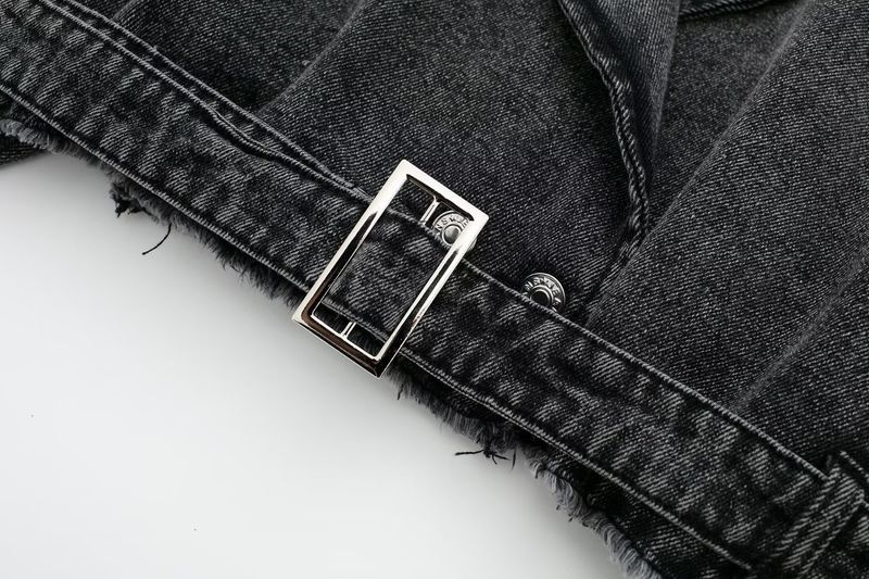 Trench in denim da donna – Elegante giacca corta con cintura, colletto casual, misto poliestere, azzurro/blu/grigio scuro, XS/S/M/L_voghion.com