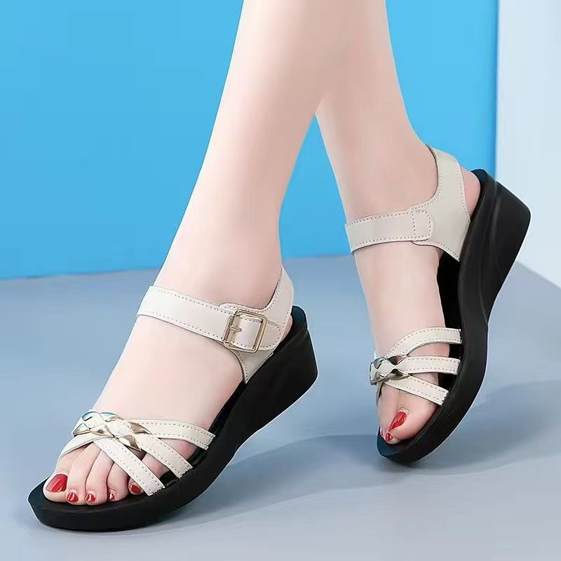 Soft Leather Sandals Non-slip Outer Wear Versatile Soft-soled Casual Women's Wedge Heel Thick-soled Beach Sandals_voghion.com