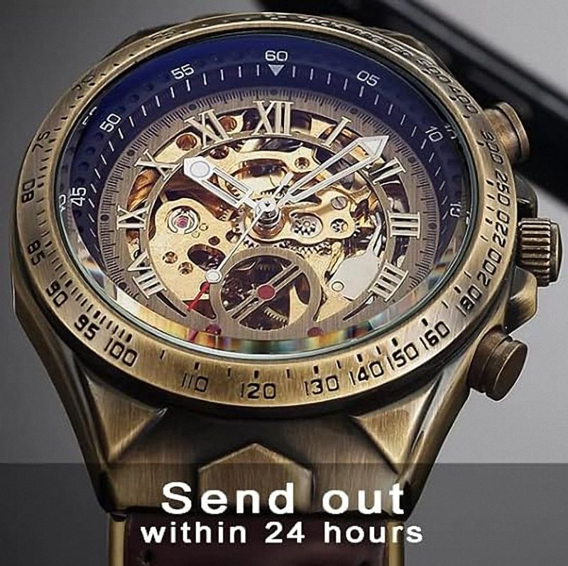 Bronze Retro Skeleton Automatic Mechanical Watch For Men Luminous Hand Brown Genuine Leather Belt Luxury Brand Steampunk Watches_voghion.com