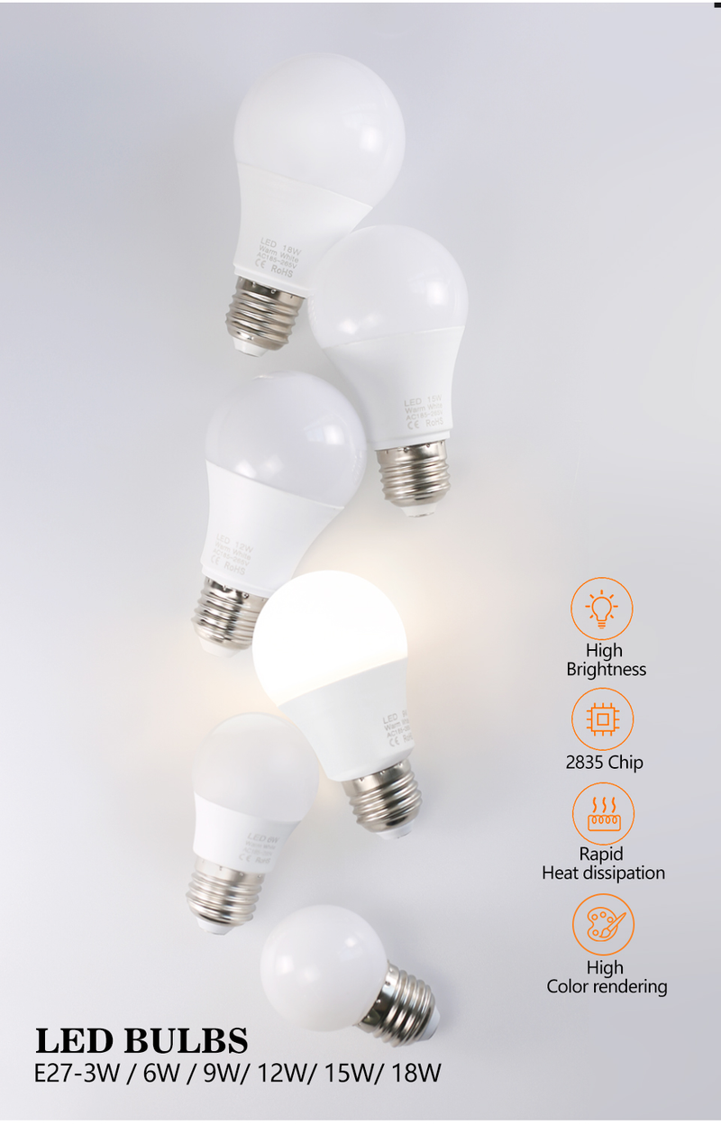 6 pièces LED ampoule lampes E27 AC220V 240V puissance réelle lampe à LED 18W 15W 12W 9W 6W 3W Lampada LED projecteur lampe de Table lumière LED_voghion.com