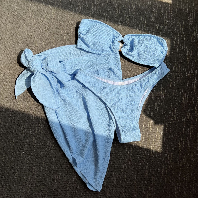 Women's Clothing New Textured Cloth Bandeau Three Piece Swimsuit_voghion.com
