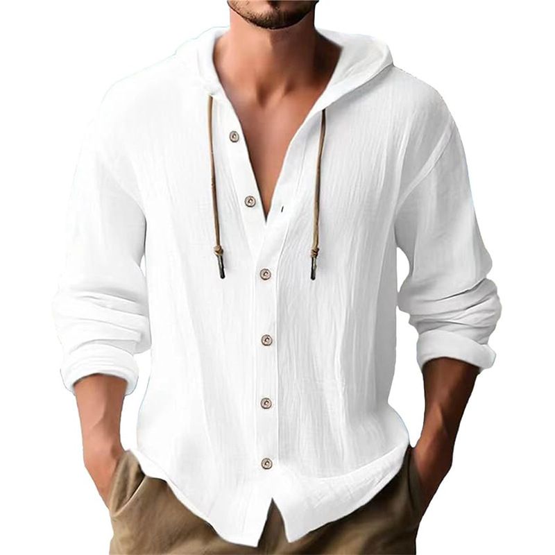 Maglietta casual a maniche lunghe con cappuccio e coulisse in cotone e lino, tinta unita, da uomo, alla moda, da abbinare a qualsiasi outfit, da spiaggia_voghion.com