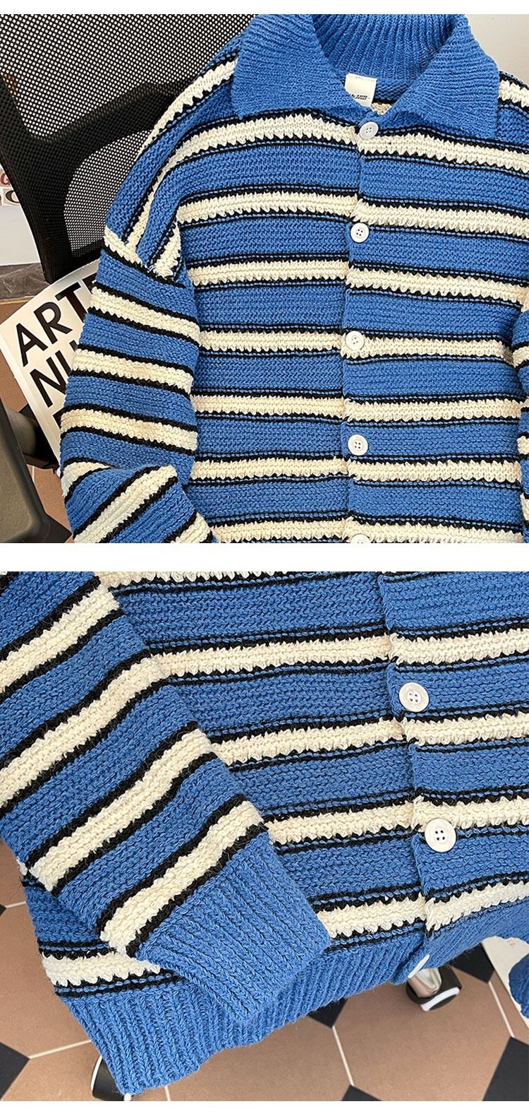 Herrenbekleidung Gestreifte Strickjacke für Herren – Leichter Pullover mit offener Vorderseite und Reverskragen, lässiger, locker sitzender Langarmmantel für den Herbst_voghion.com
