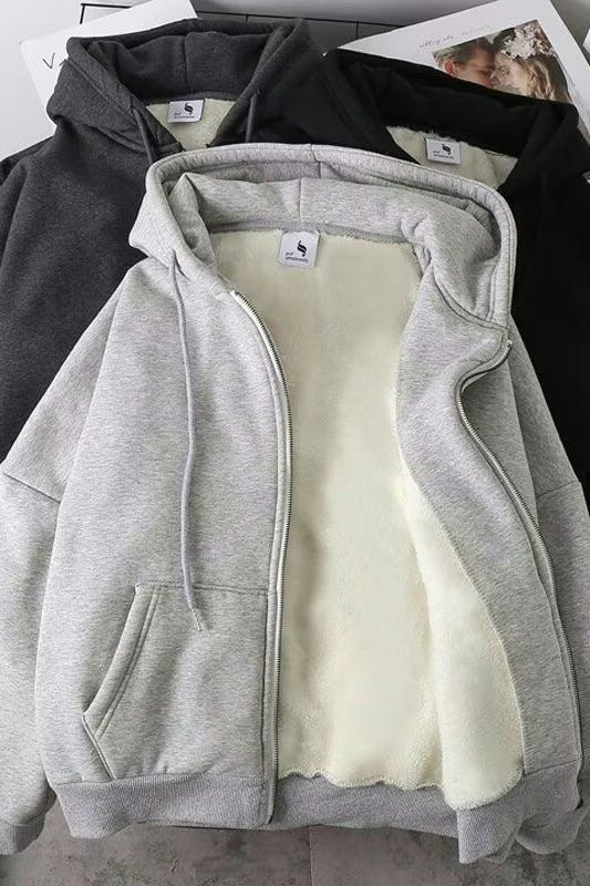 Unisex Fleece-Lined Hooded Zip-Up Sweatshirt - Oversized Winter Pullover For Couples & Students (M-3XL, Grey/Black)_voghion.com