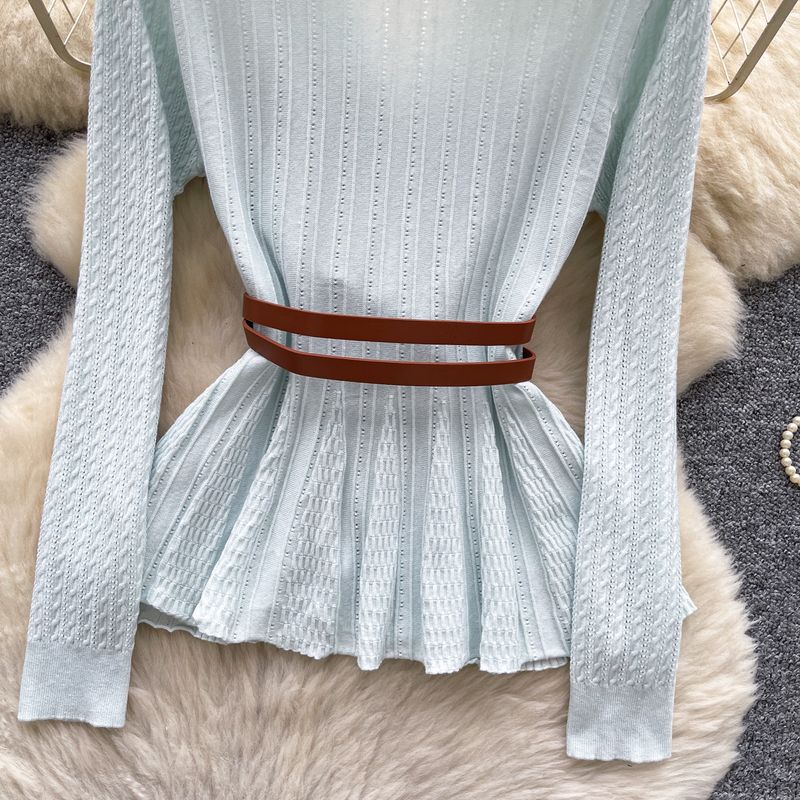 Retro-Stil Langarmpullover im britischen Stil für Damen, Herbstgürtel, schlankmachendes schlichtes Design, leicht, reife Schwester, Top-Trend_voghion.com