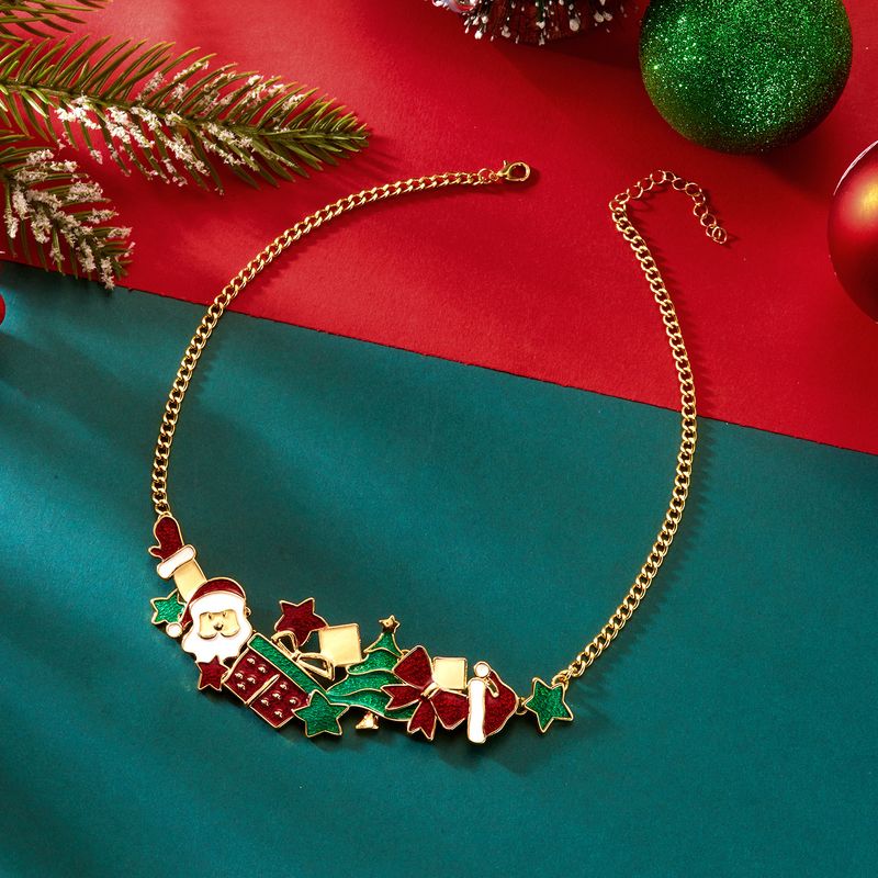 Collana con ciondolo a forma di Babbo Natale - Collana girocollo con stella e albero di Natale in smalto color oro per donna, gioielli per feste e festività_voghion.com