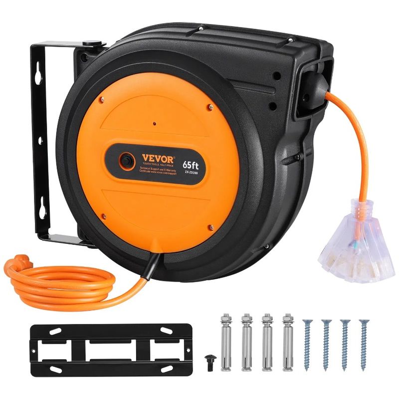 Retractable Reel Cord Extension 3C Cord 12AWG Power 65FT SJTOW Reel_voghion.com