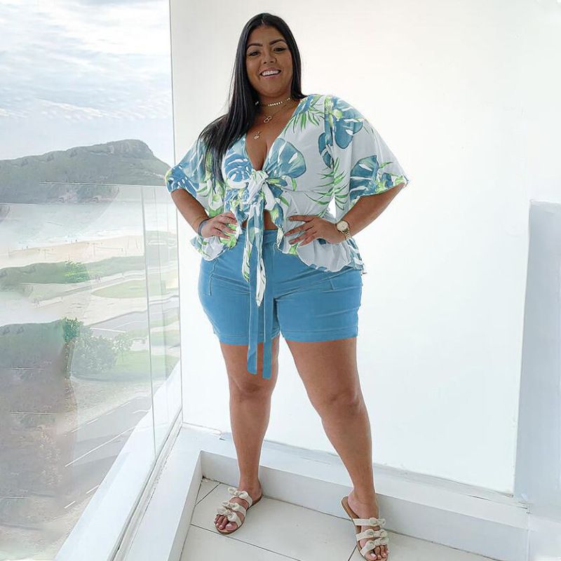 Women's large size two-piece printed casual T-shirt shorts suit_voghion.com