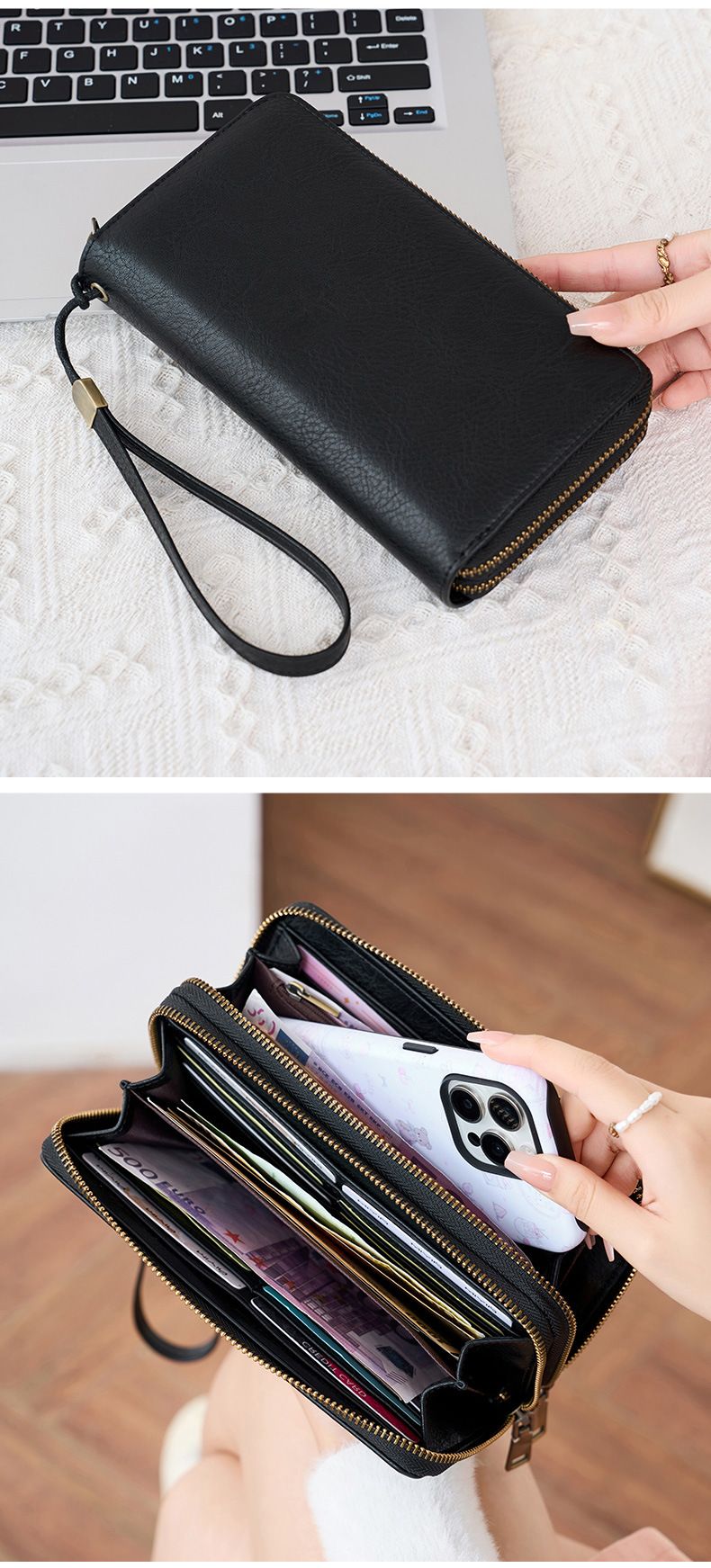 Herren-Geldbörse mit RFID-Schutz, Business-Geldbörse für Herren, modische Geldbörse mit Doppelreißverschluss, lange Geldbörse im Retro-Stil, große Kapazität, Damen-Clutch._voghion.com