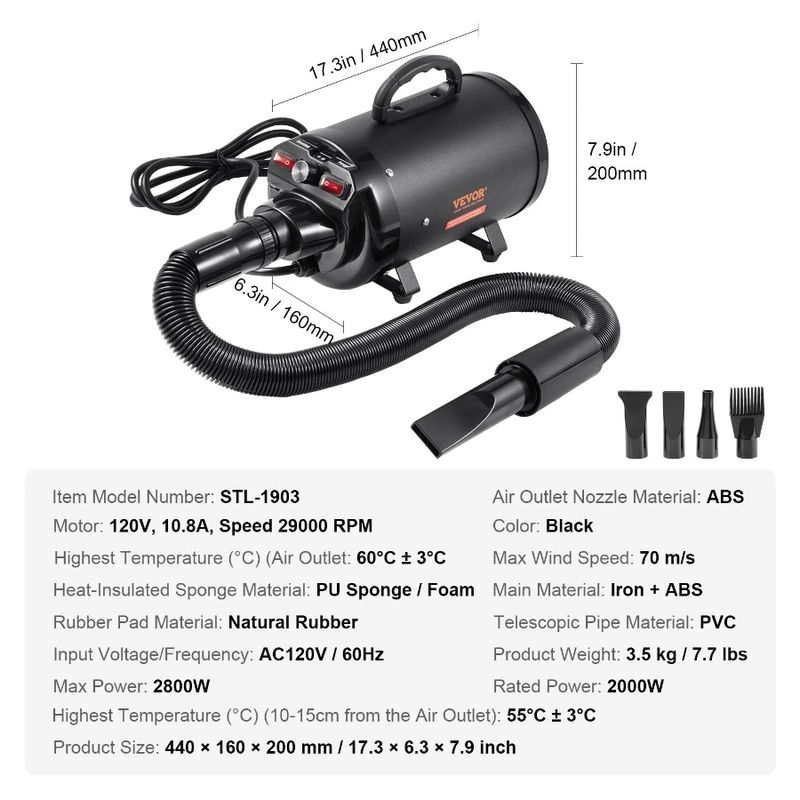 Asciugacapelli per cani da 4,3 CV senza asciugatrice, 2800 W, con temperatura regolabile, per toelettatura e controllo dei cani, asciugacapelli con velocità regolabile per animali domestici 4_voghion.com