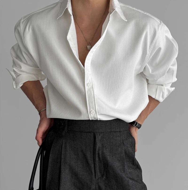 Camicia casual da uomo in stile coreano di alta qualità, a maniche lunghe, tinta unita, stile primavera-autunno, 'Texture'_voghion.com