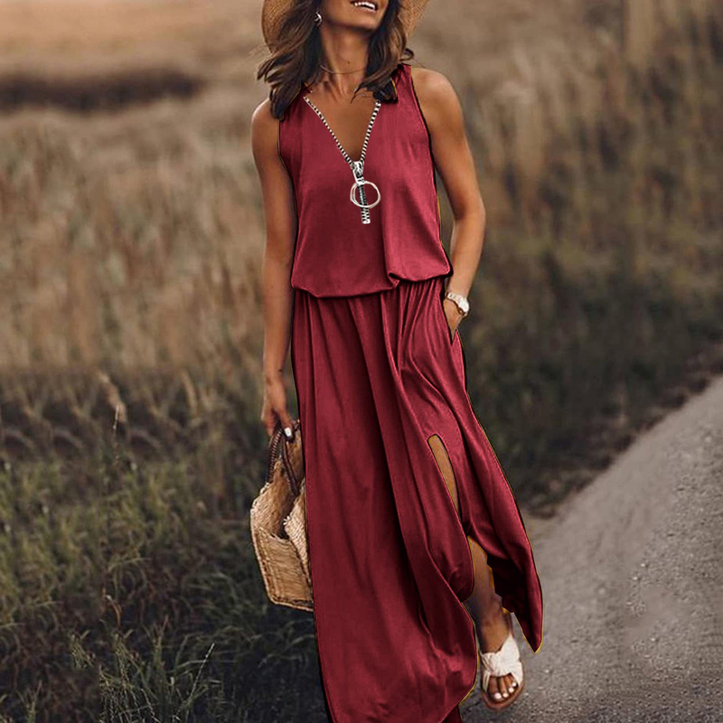 Trendy Sleeveless Zip-Front Letter Print Maxi Dress – High-Low Hem & V-Neck Casual Dress (Black/Red/Khaki/Print-Grey/Print-White/Print-Khaki, S-5XL)"_voghion.com