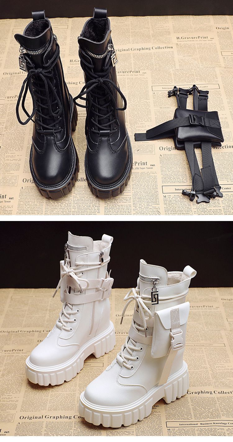 Chunky Heel Platform Martin Boots For Women - Winter Warm Lined Mid Calf Boots With Side Zipper, Round Toe & Faux Fur Lining_voghion.com