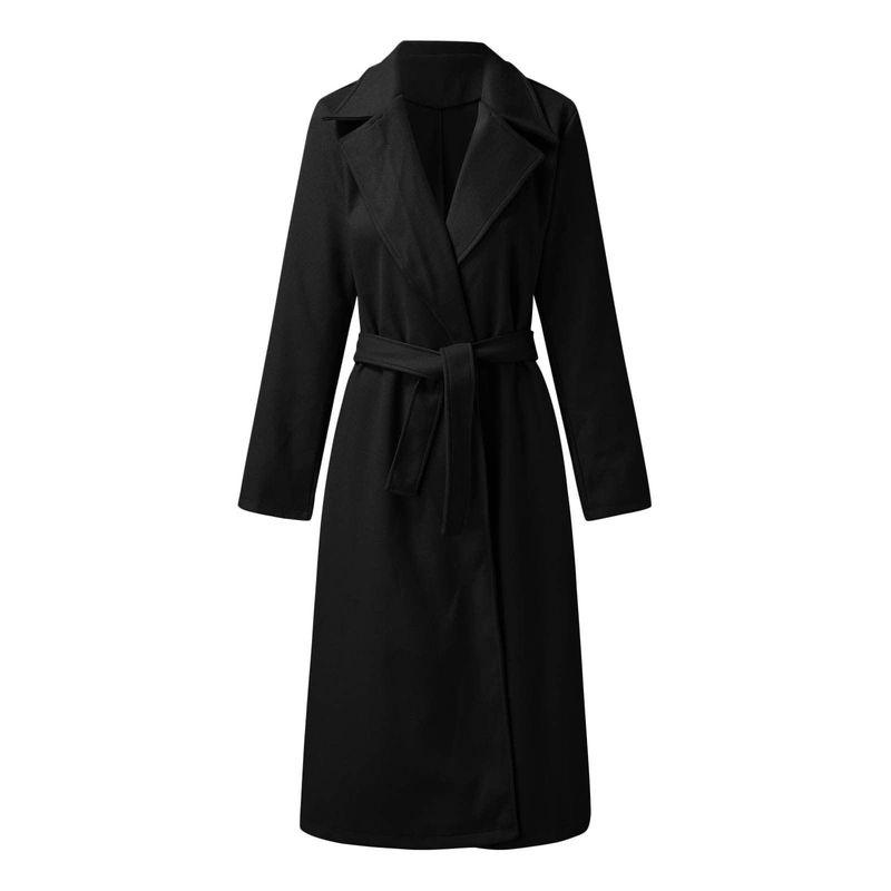 Elegant Long Sleeve Belted Wool Coat For Women – Timeless Trench Style With Notched Lapel, Versatile Pure Color Outerwear For Autumn & Winter_voghion.com